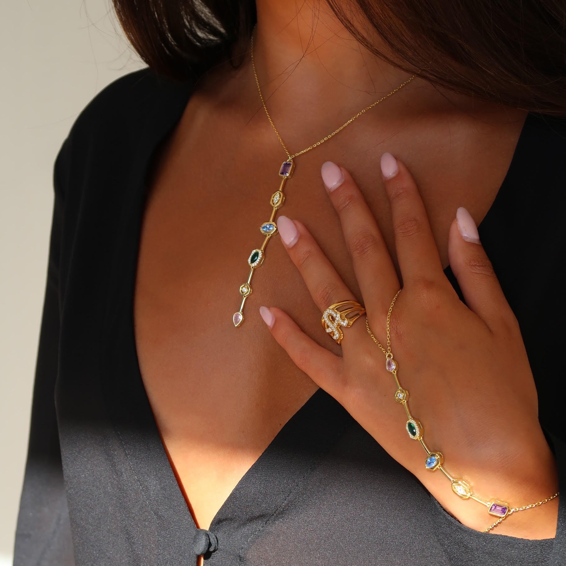 Colored Gem Lariat Necklace